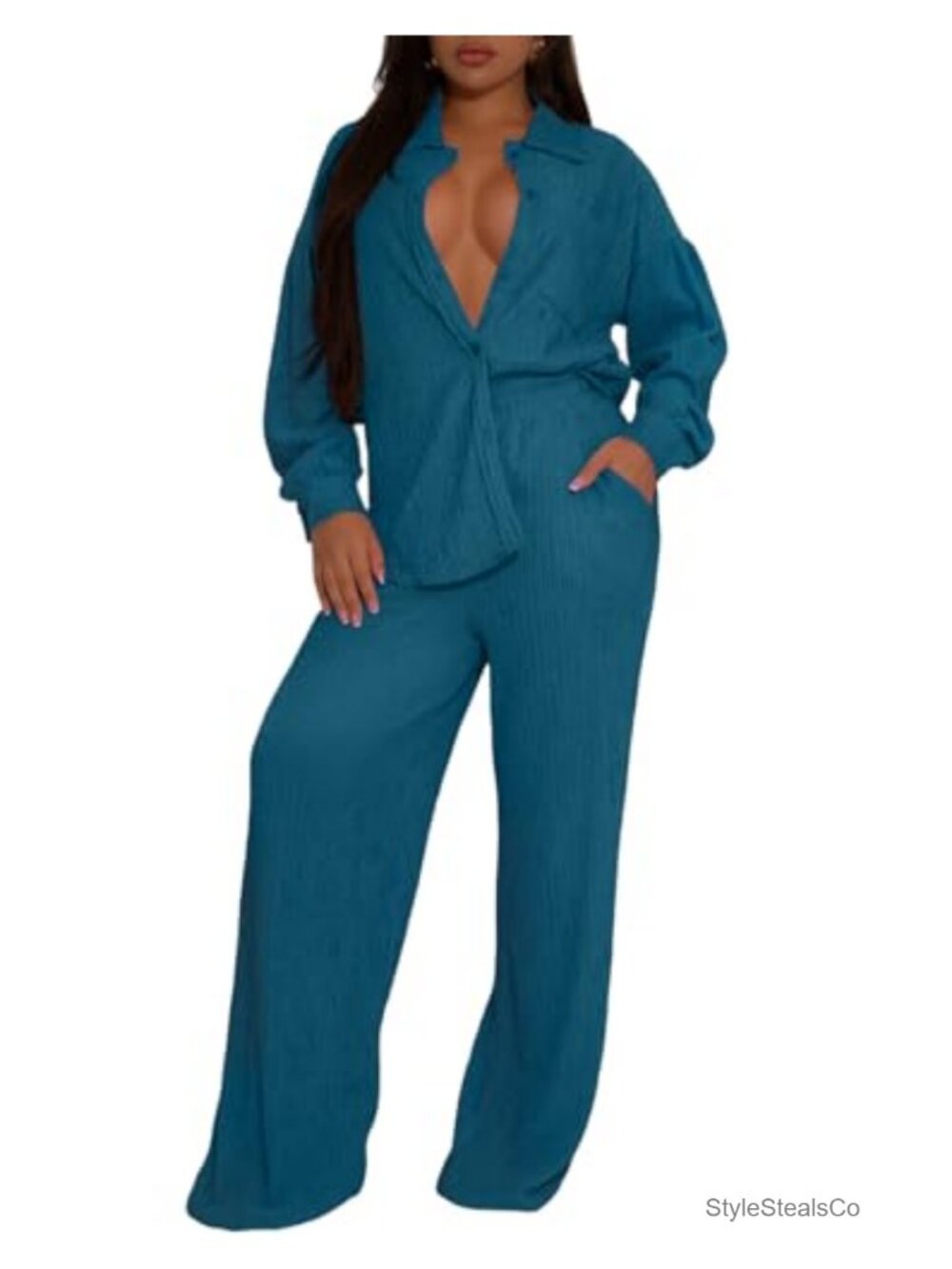 2 Piece Outfit Button Down Shirt Wide Leg Pants Set Pleated Lounge Set